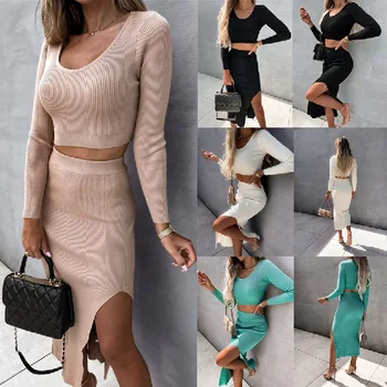 2023 Kadın Yeni Katı İplik Uzun Kollu Moda Seksi Bölünmüş uzun elbise İki Parçalı Set