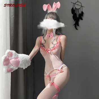3 Renk Perspektif Tavşan Kız Kadın Cosplay Kostüm Seksi Tulum Kawaii Dantel Yay Sevimli Anime Erotik iç çamaşırı Tempatation Kıyafet
