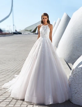 A-Line Halter Boyun HY667 düğün elbisesi Kadınlar İçin Kolsuz Büyüleyici Dantel Zarif gelinlikler Vestidos De Novia Kat Uzunluk