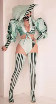 Açık Yeşil Desen Uzun Kollu Smokin Bodysuit Kap Balo Bar Kadın Dansçı Şarkıcı Gösterisi Giyim Balo Parti Sahne Dans Kıyafeti