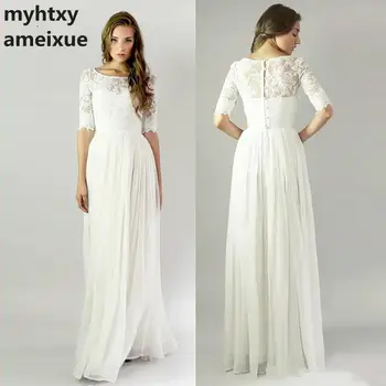 Basit Dantel düğün elbisesi 2020 Ucuz Gayri Resmi gelinlik Yarım Kollu Düğmeler gelin kıyafeti Vintage Inspired Zarif Elbise Bal