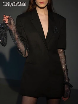 CHICEVER Minimalist Siyah Patchwork Kadın Blazer Çentikli Uzun Kollu Düz Gevşek Moda kadın Sonbahar Ceket 2021 Şık