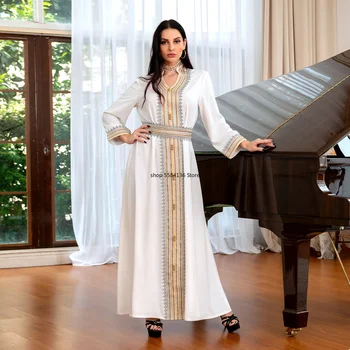 Etnik Bant Trim Maxi Elbise Kadınlar için Beyaz Standı Yaka Uzun Kollu Gevşek Kuşaklı Arapça müslüman çarşafımın Parti Giyer