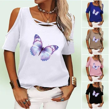 Kadınlar Casual Kapalı Omuz Üst Yaz Moda Kısa Kollu Üst Yuvarlak Boyun Kelebek baskılı tişört Gömlek Bayanlar bol tişört