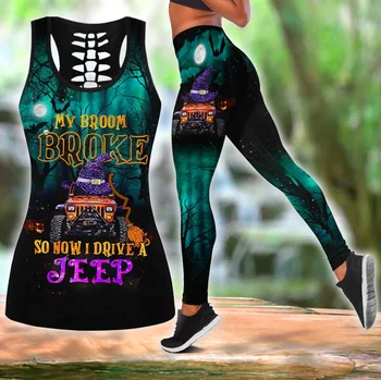 Komik Kız Cadılar Bayramı 3D Baskılı Hollow Tank Top & Tayt Seti Spor Kadın Tam Boy Tayt yoga Koşu Pantolon DDK106
