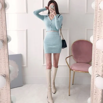 mizaç Yumuşak Örme takım Elbise Kadın Yaka Uzun Kollu Kazak Kırpma Üstleri + Mini Bodycon Etek Setleri İki Parçalı Set Eşofman Kıyafet