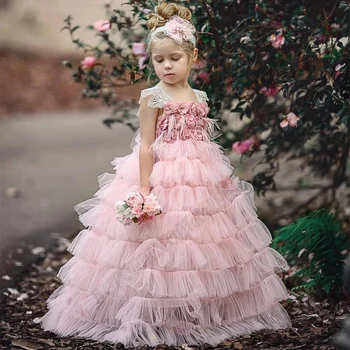 Omuz Pembe Aplikler Çiçek Kız Elbise Balo Bebek Kız Doğum Günü Düğün Parti İlk Communion Elbise Özelleştirilmiş