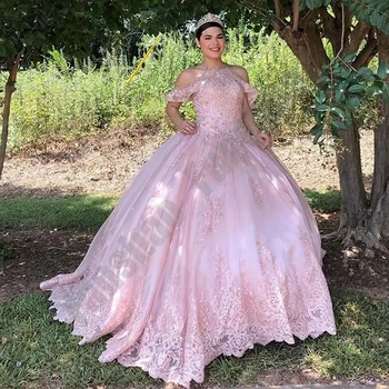 Pembe Zarif Prenses Quinceanera Elbiseler Halter Parti Balo Vestido Aplikler Boncuk Pullu 15 Kızlar balo elbisesi Muhteşem