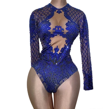 Rhinestone Dansçı Mavi Bodysuit Kadınlar Uzun Kollu Kristal Tulum Kadın Kulübü Gösterisi kız Sahne Leotard Kostüm