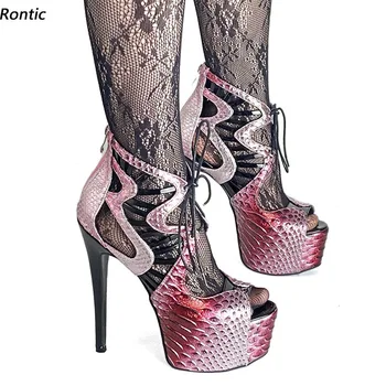 Rontıc El Yapımı Kadın platform sandaletler Timsah Hollow Out Seksi Stiletto Topuklu Peep Toe Güzel Kırmızı parti ayakkabıları ABD Boyutu 5-20