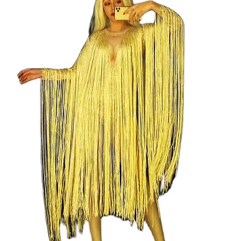 Sarı Uzun Püskül Playsuits Örgü Gazlı Bez Saçaklar Tulum Parti Akşam Kostüm Gece Kulübü Performans Kıyafet Sahne Giyim Bayan