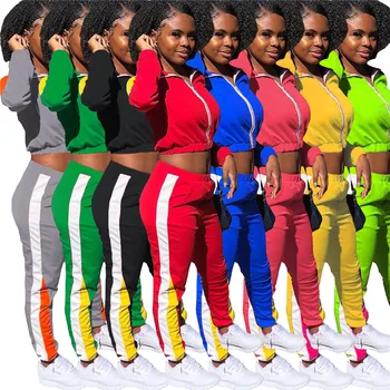 Spor Kadın 2 Parça Setleri Renk Blok Eşofman Fermuar Uzun Kollu Ceket Sportif Kırpma Üst koşu pantolonları Takım Elbise Aktif Giyim