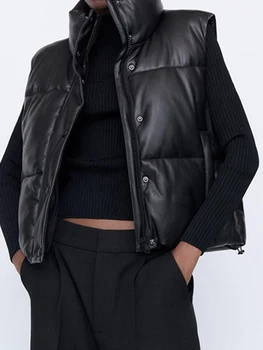 Streetwear Kadın Yelek Kabarık Kış Kalın Parkas Ceket Siyah PU Kadın Mont Suni Deri Aşağı Yelek Gevşek Bayan Yelek 2022