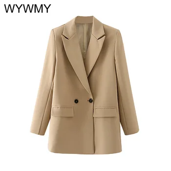 WYWMY Ofis Bayan Blazer Moda Kruvaze Vintage Takım Elbise Ceket Kadın Çentikli Yaka Katı Uzun Kollu Bayan Ceketler Tops